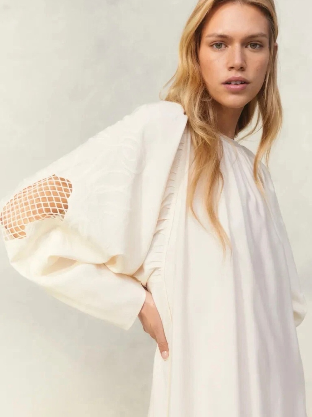 H&M Cream Boho Mini Crochet Embroidered Balloon Sleeves - Picture 2 of 12